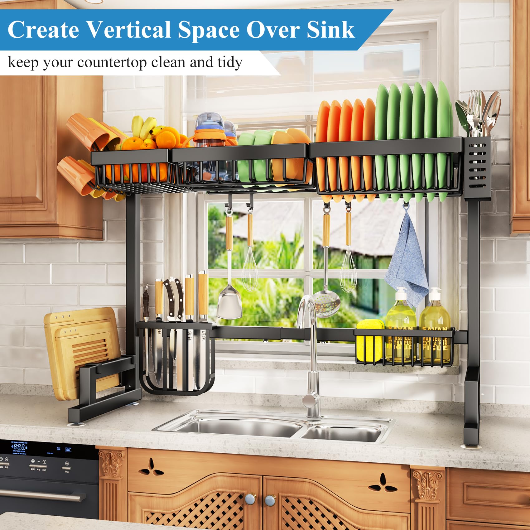 Over The Sink Dish Drying Rack, Adjustable (33.8'' To 41.5'') Large Dish Drainer Drying Rack For Kitchen Counter With Multiple B